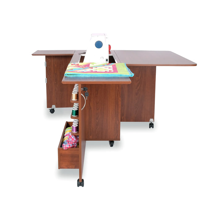 Side angle of Kangaroo Wallaby Sewing Cabinet in Teak featuring thread shelves and rear quilt leaf.