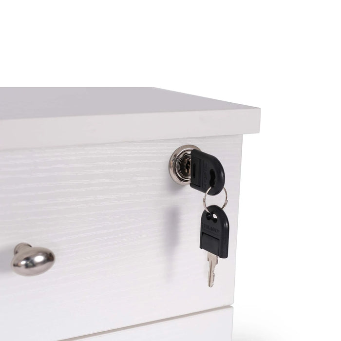 Close-up of locking top drawer on Kangaroo Joey Storage Cabinet in Ash White K7811 with included keys.