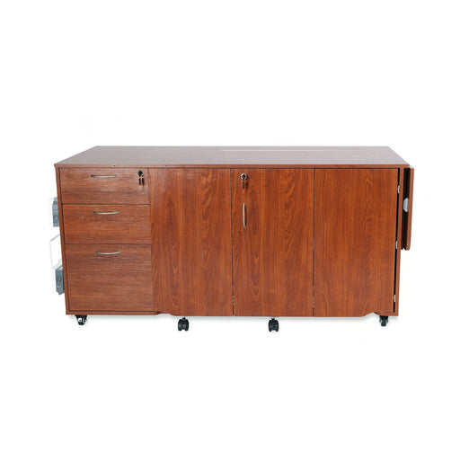 Kangaroo Sydney Dual Rail Electric Sewing Cabinet folded and closed, compact sewing furniture with locking drawers and teak wood finish.
