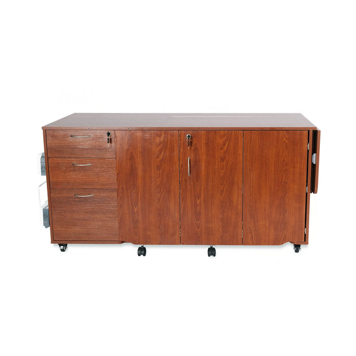 Kangaroo Sydney Dual Rail Electric Sewing Cabinet folded and closed, compact sewing furniture with locking drawers and teak wood finish.