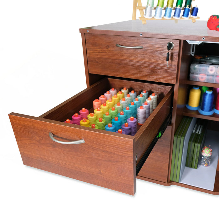 Thread storage drawer inside Kangaroo Sydney Electric Sewing Cabinet showcasing organized embroidery thread spools in a deep teak wood drawer.