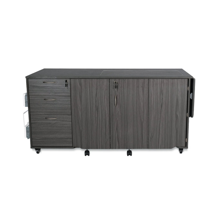 Kangaroo Sydney Electric Sewing Cabinet closed in compact form, gray wood finish sewing furniture with locking drawers and caster wheels.