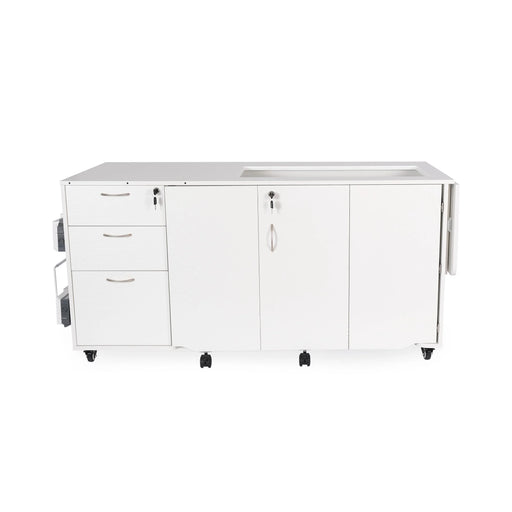 Kangaroo Sydney Electric Sewing Cabinet closed in compact position, white sewing furniture with locking drawers and caster wheels.