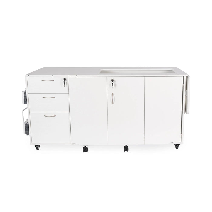 Kangaroo Sydney Electric Sewing Cabinet closed in compact position, white sewing furniture with locking drawers and caster wheels.