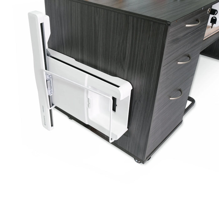 Kangaroo Sydney Hydraulic XL Sewing Cabinet exterior embroidery module holder securely mounted on the side of gray cabinet.