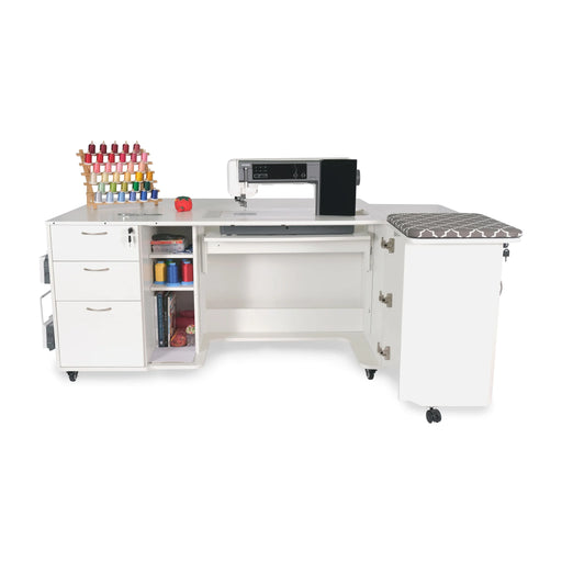 Kangaroo Sydney Hydraulic XL Sewing Cabinet in white with sewing machine installed, thread rack, storage shelves, and built-in pressing mat for quilting and embroidery.