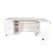 Kangaroo Sydney Hydraulic XL Sewing Cabinet open front view in white finish with adjustable shelving, spacious drawers, and hydraulic machine lift platform.