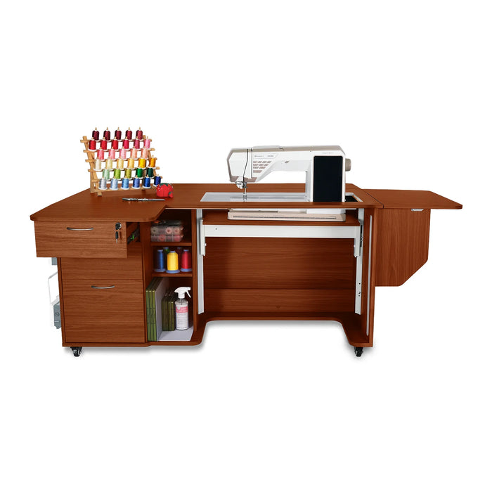Kangaroo Sydney Lite XL Sewing Cabinet in teak finish with sewing machine, extended work surfaces, embroidery thread storage, and organized shelving.