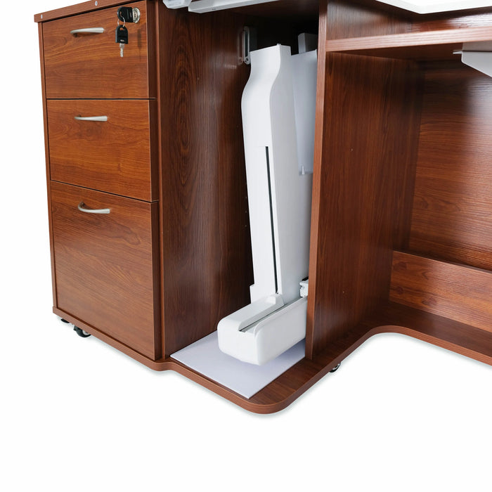 Side storage compartment of Kangaroo Sydney Lite XL Sewing Cabinet holding a folded embroidery arm attachment in a teak wood cabinet.
