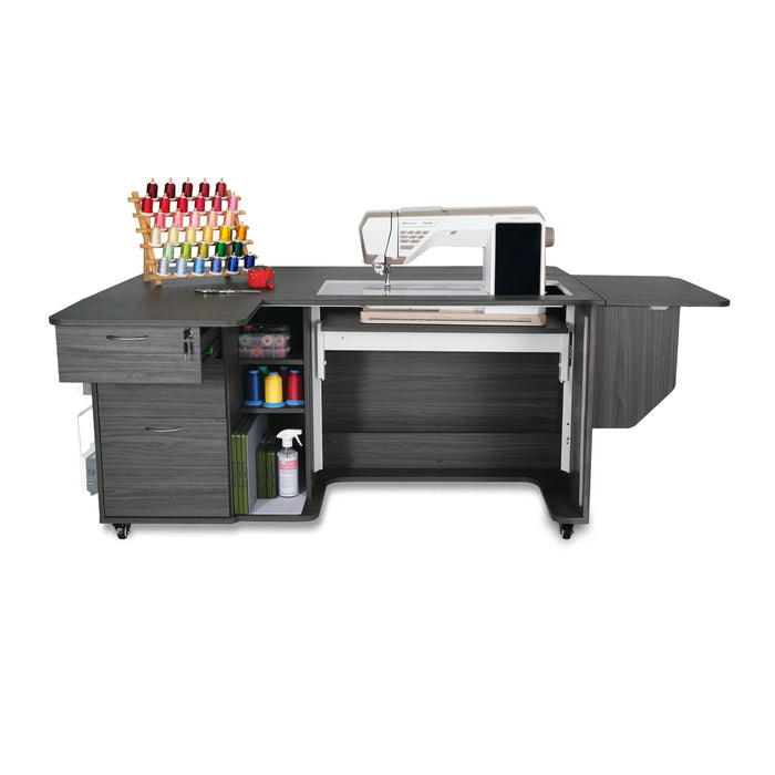 Kangaroo Sydney Lite XL Sewing Cabinet in gray finish with sewing machine, extended quilt leaf, thread storage, and organized crafting shelves.