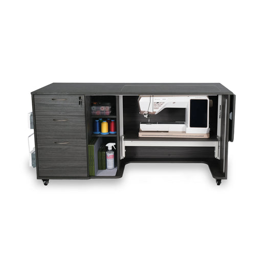 Front view of Kangaroo Sydney Lite XL Sewing Cabinet in gray showing sewing machine platform, storage drawers, and shelving compartments.