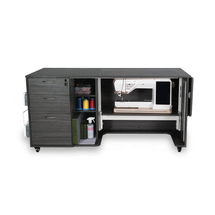 Front view of Kangaroo Sydney Lite XL Sewing Cabinet in gray showing sewing machine platform, storage drawers, and shelving compartments.