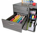 Kangaroo Sydney Lite XL gray sewing cabinet open thread drawer displaying colorful organized embroidery thread spools.