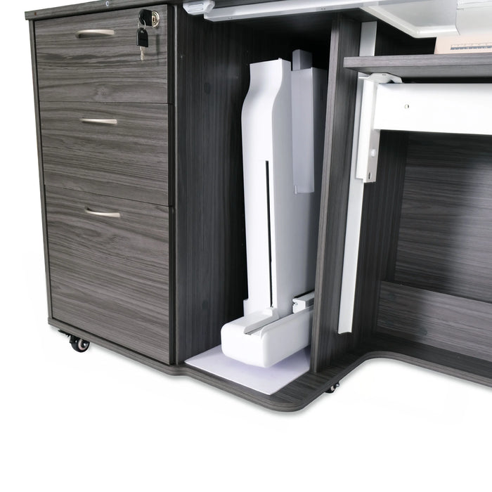 Interior storage of Kangaroo Sydney Lite XL Sewing Cabinet in gray featuring built-in embroidery arm compartment and adjustable machine lift space.