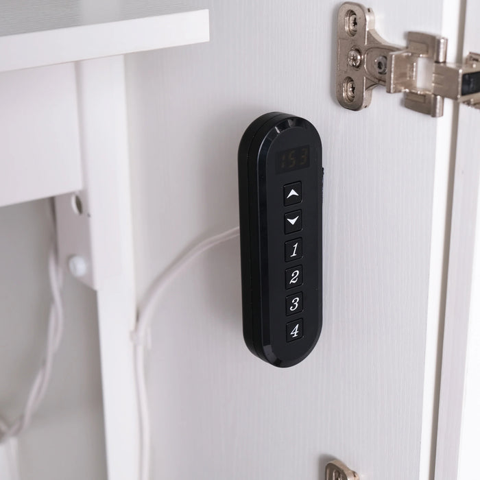 Programmable electric lift control panel on white Sydney Lite sewing cabinet displaying adjustable sewing machine height settings.