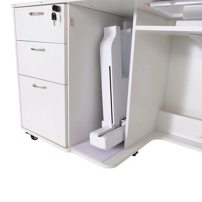 Interior compartment of white Sydney Lite electric sewing cabinet designed to store embroidery unit or sewing machine accessories.