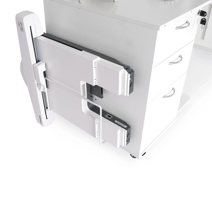 Side-mounted embroidery arm storage on white Sydney Lite sewing cabinet featuring secure brackets and easy-access attachment design.