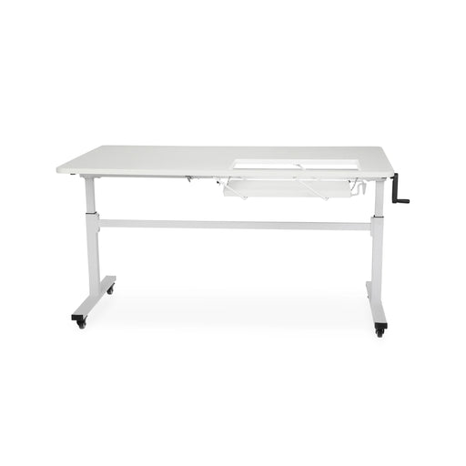 Kangaroo Tasmanian SP Cutting Table and Workstation in White K911 shown with lift opening, height-adjustable sewing table for crafting and quilting