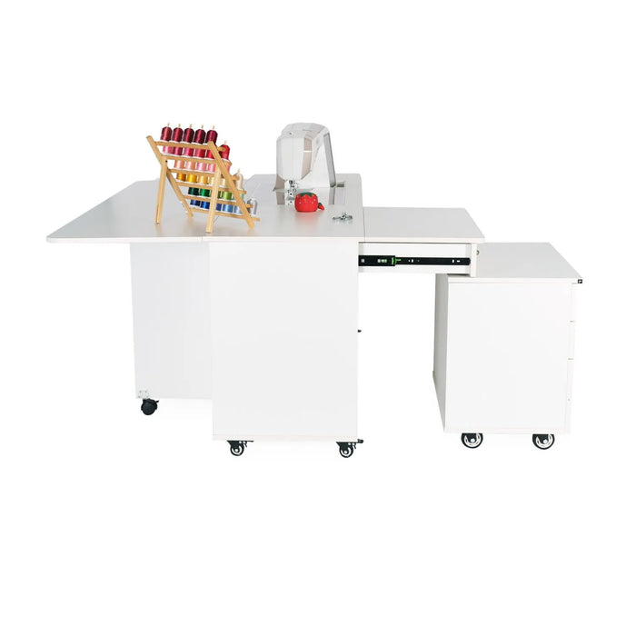 Side view of Kangaroo & Joey XLE Electric Sewing Cabinet with extended leaf and positioned Joey storage unit in Ash White.