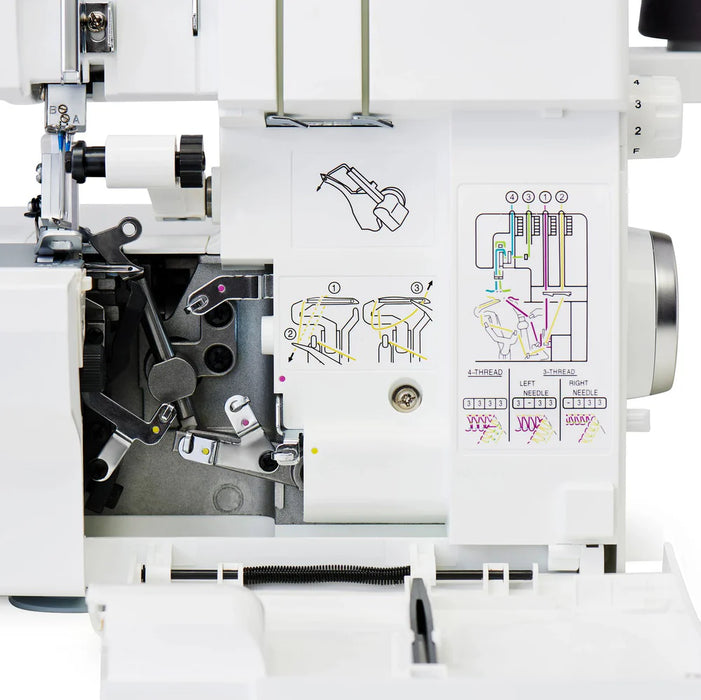 Open front view of SINGER SE017 Elite serger showing internal looper system and built-in threading guide diagram