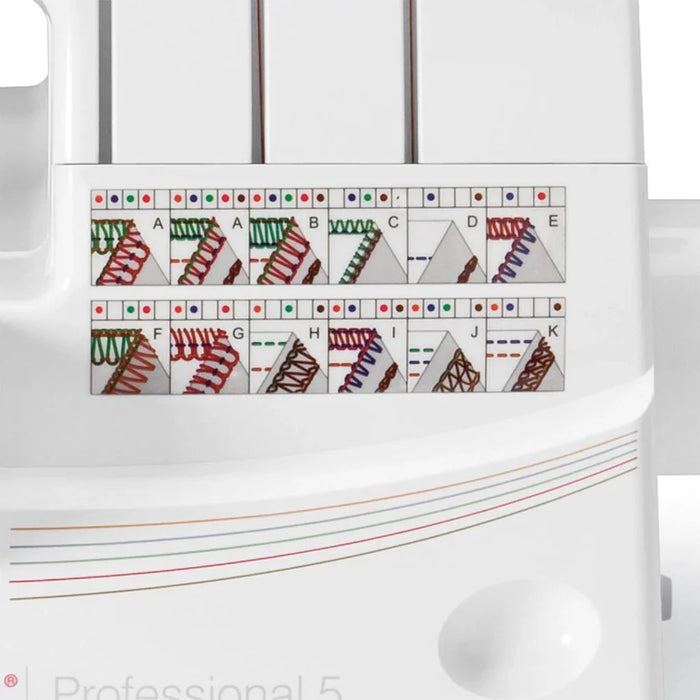 Built-in stitch reference chart on SINGER Professional 5 serger showing multiple overlock and coverstitch options