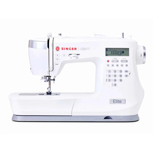 SINGER Elite CE677 computerized sewing machine front view with LCD display, stitch selection keypad, and extended sewing table on white background