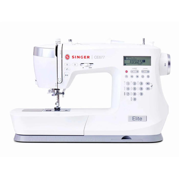 SINGER Elite CE677 computerized sewing machine front view with LCD display, stitch selection keypad, and extended sewing table on white background