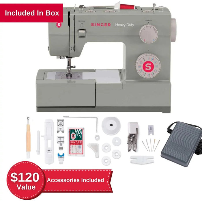 SINGER Heavy Duty 4452 sewing machine with included accessories and presser feet kit displayed below the machine