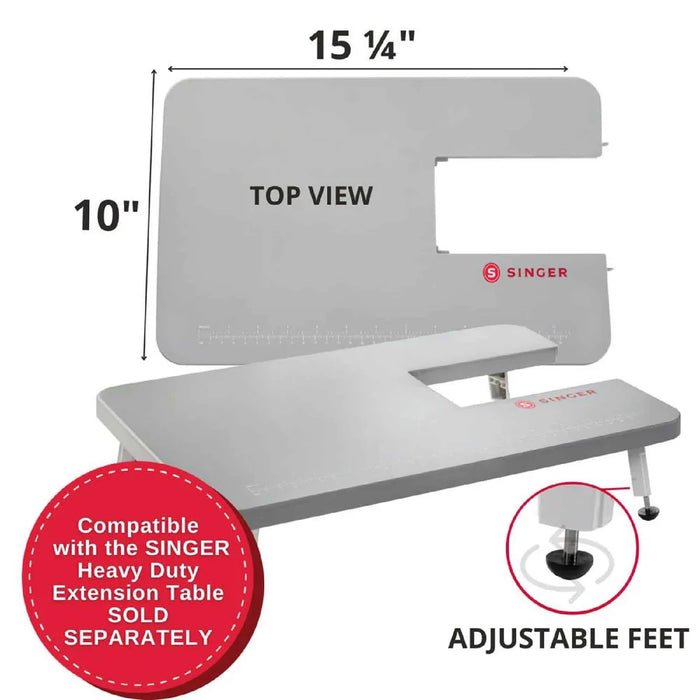 SINGER Heavy Duty extension table compatibility view showing adjustable feet and expanded sewing workspace