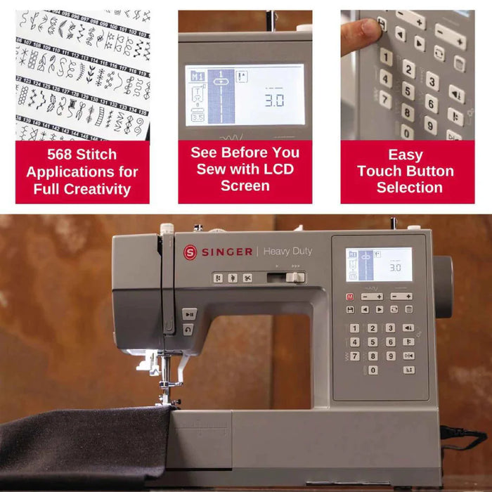 SINGER Heavy Duty 6800C LCD screen displaying stitch selection and easy touch button controls