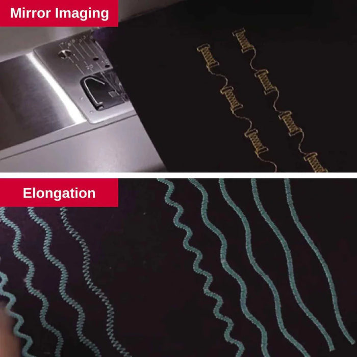 SINGER Heavy Duty 6800C mirror imaging and stitch elongation feature shown with decorative stitch samples