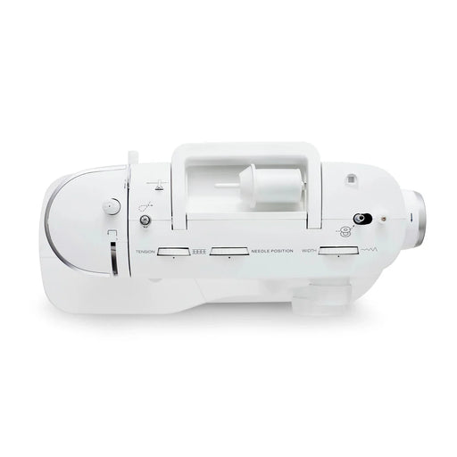 Top view of SINGER Elite ME457 sewing machine showing stitch length dial, needle position adjustment, and thread tension controls