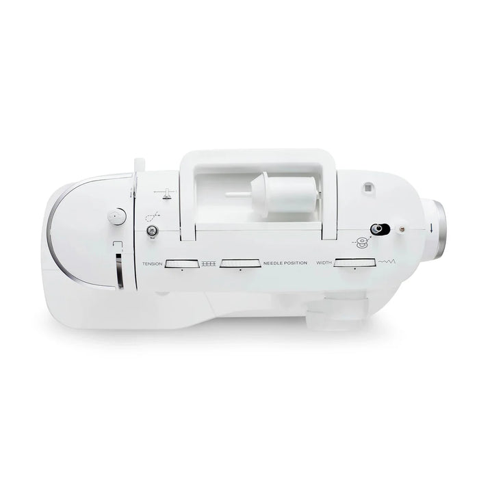 Top view of SINGER Elite ME457 sewing machine showing stitch length dial, needle position adjustment, and thread tension controls