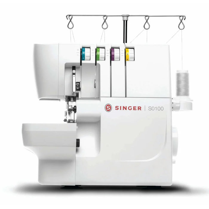 SINGER S0100 serger sewing machine front view with color-coded tension dials and built-in fabric trimming knife
