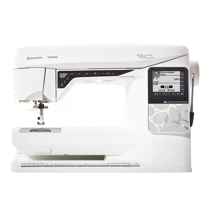 Husqvarna Viking Opal 690Q computerized sewing machine with touchscreen display and extended sewing arm on white background